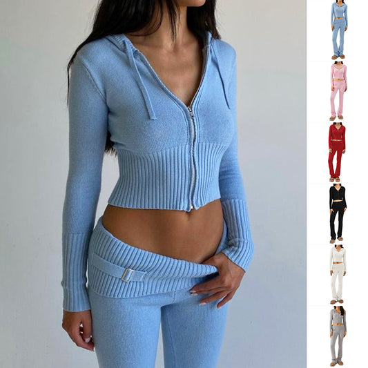 Hoodie Suit Sports Leisure Sexy Zip Long Sleeve Sweater And High Waist Long Pants Set Women's Clothing